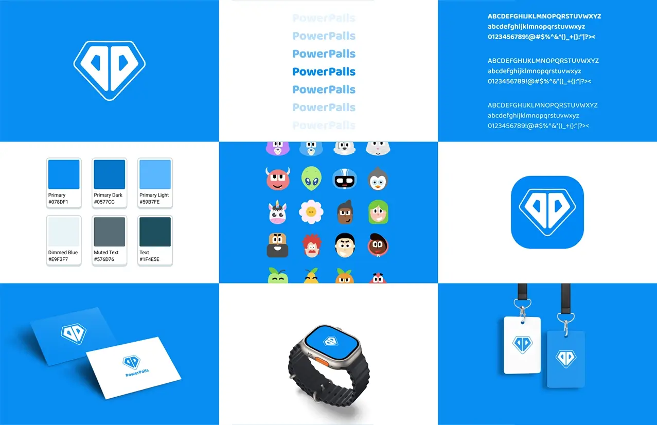 Playful visual identity and mascot design for PowerPalls kids app