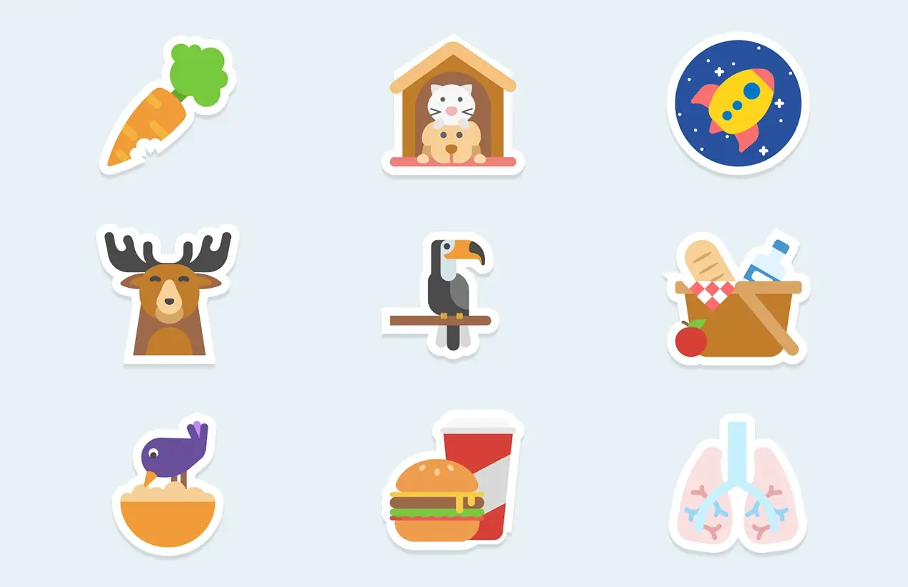 Playful flat icon stickers for marketing materials