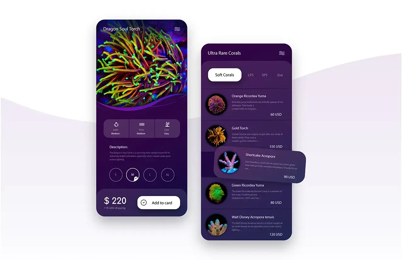 Coral Farm app interface design for environmental tracking and biodiversity