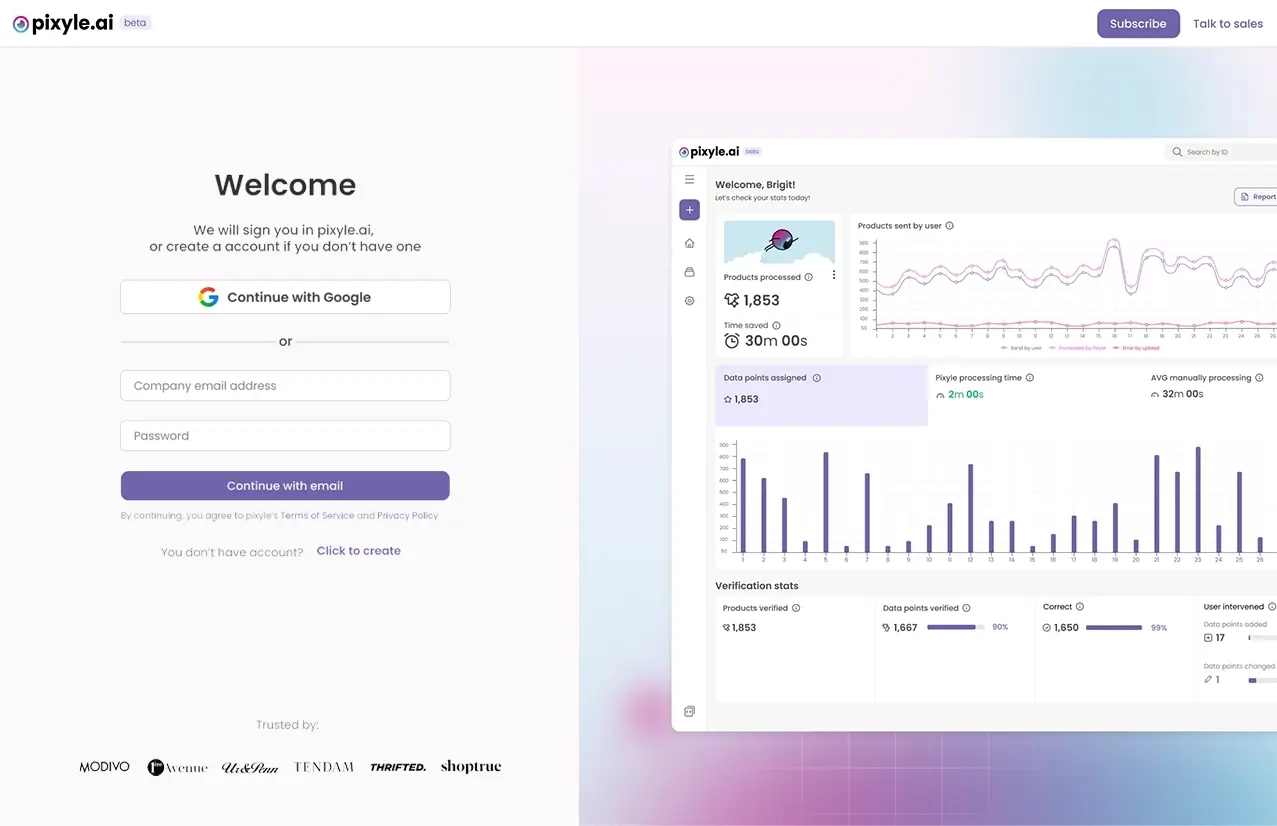Pixyle.ai AI fashion tagging dashboard UI