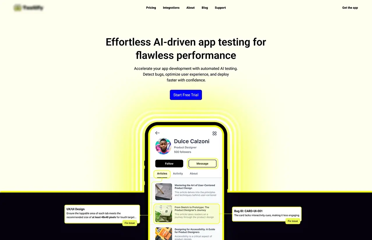 SaaS Landing page UI design for Testify QA platform